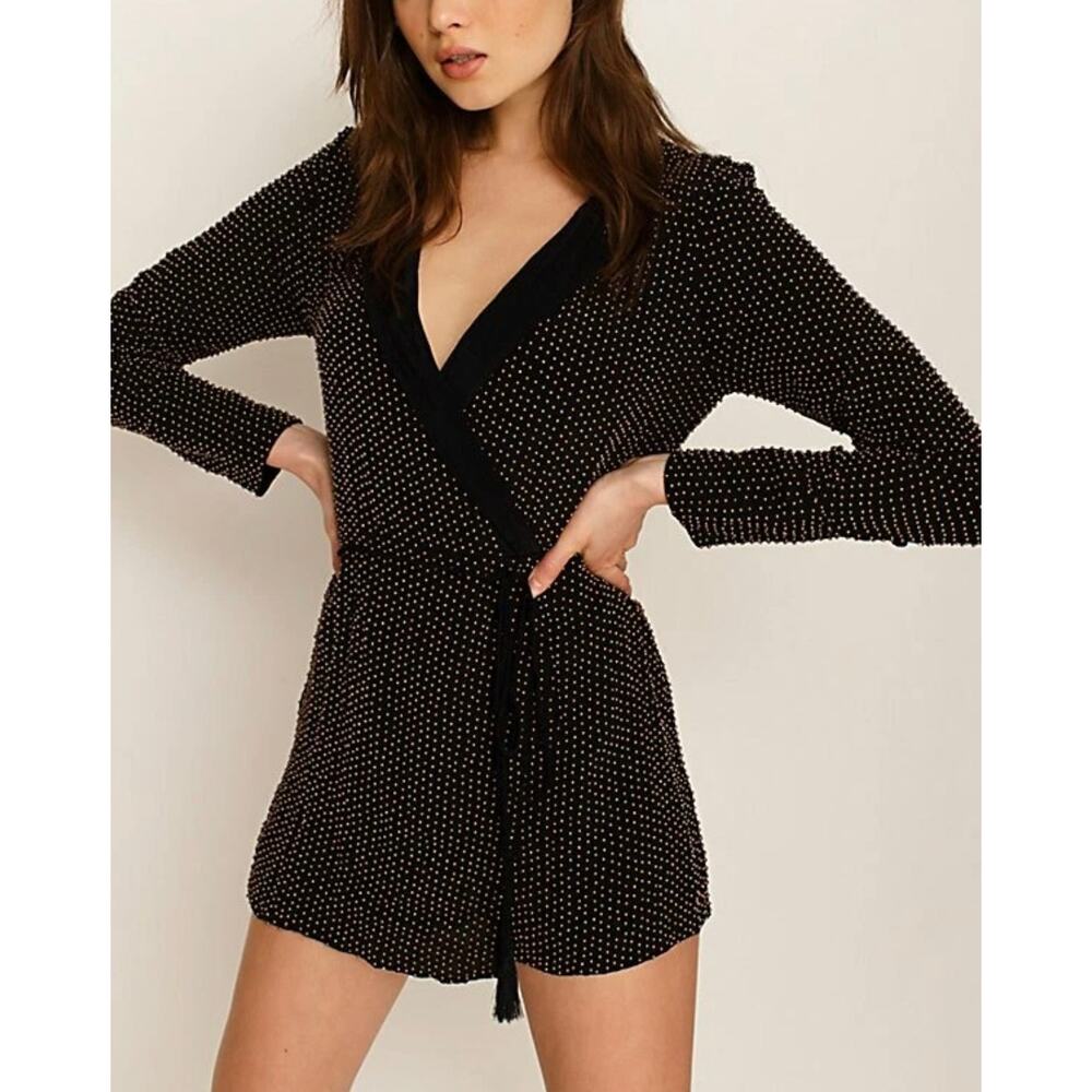 FREE PEOPLE Gems of Sahara Romper Women XS Black gold Long Sleeve Wrap *FLAWS*